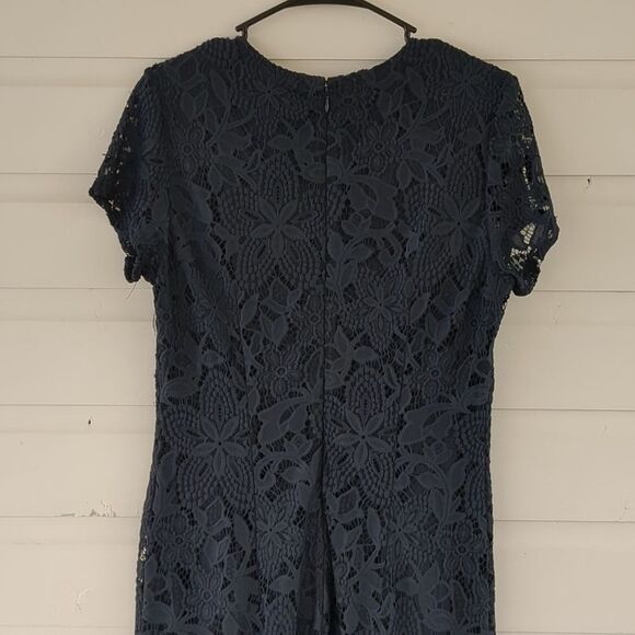 Sharagano Navy Fitted Sheath Cap Sleeve Lace Dress Scalloped Hem Size 8 - Picture 9 of 11